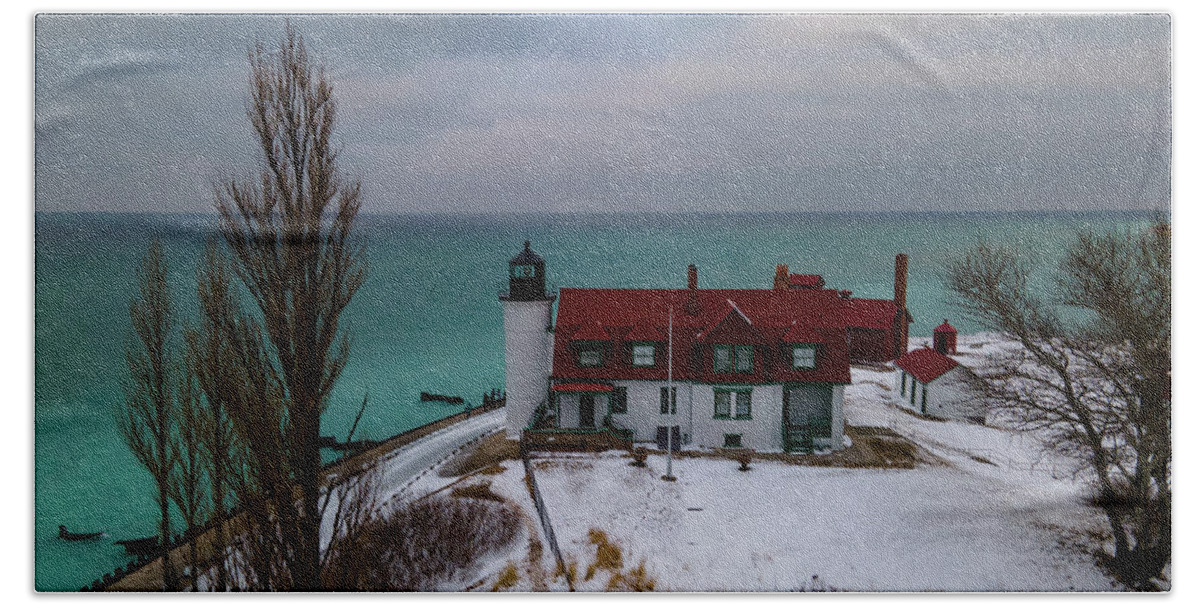 Lighthouse Lake Michigan Beach Towel featuring the photograph Point Betsie Lighthouse side view by Eldon McGraw