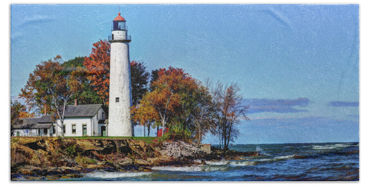 Lighthouse Beach Towel featuring the photograph Pointe Aux Barques by Rodney Campbell