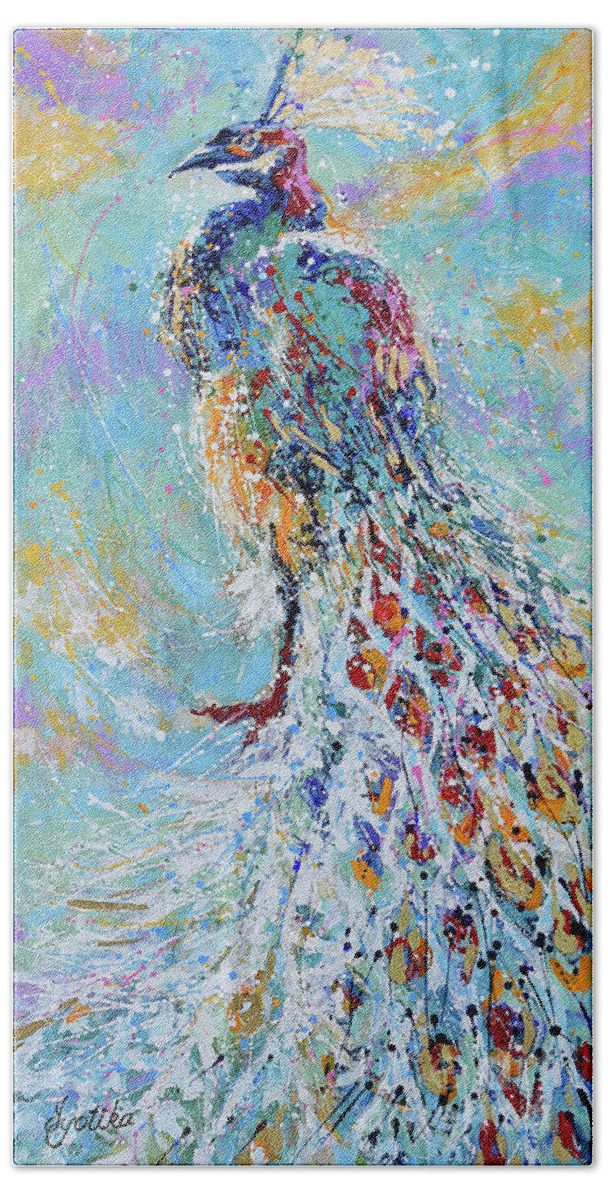 Peacock Beach Towel featuring the painting Poised Glory by Jyotika Shroff