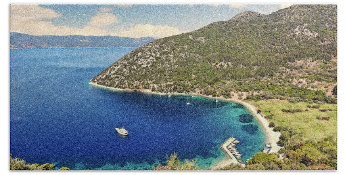 Polis Beach Towel featuring the photograph Polis beach in Ithaki, Greece by Constantinos Iliopoulos