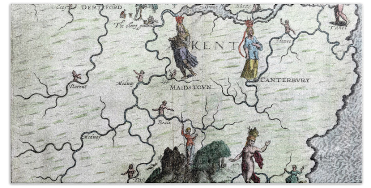1622 Beach Towel featuring the drawing Poly-Olbion - Map of Kent, England by Michael Drayton