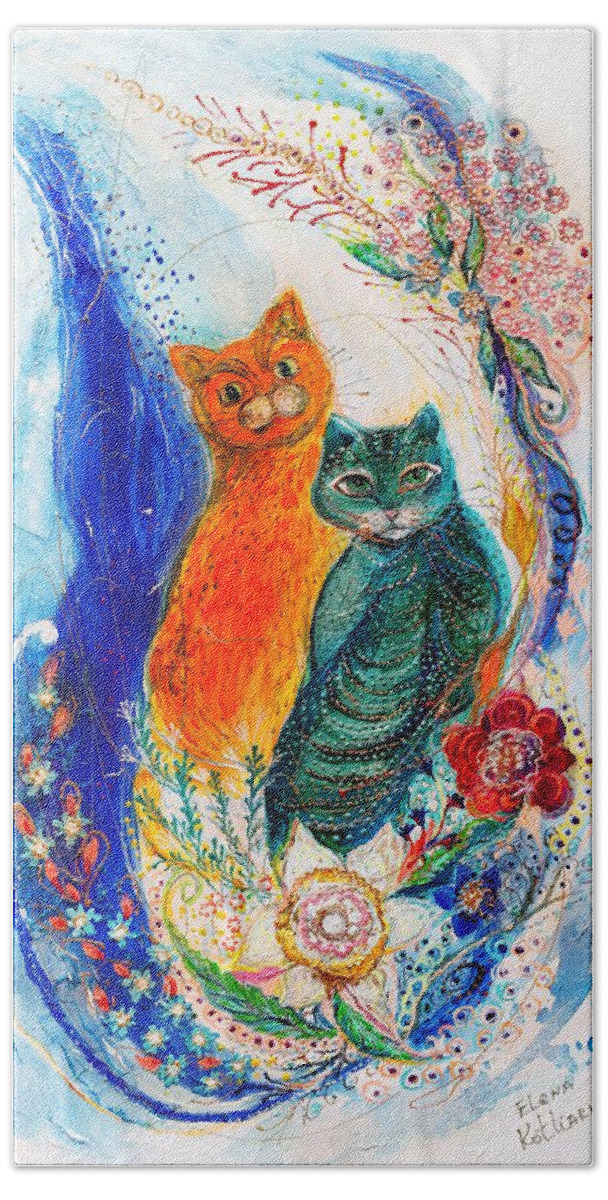 Cats Lovers Gift Beach Towel featuring the painting Pop art cats #1 by Elena Kotliarker