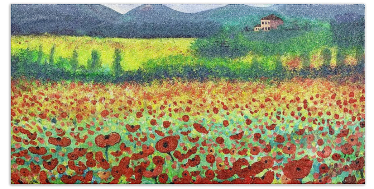 Poppies Beach Towel featuring the painting Poppies in Tuscany by Stacey Zimmerman