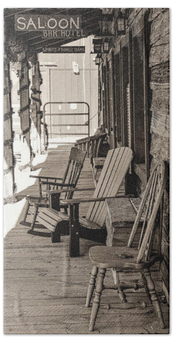 Porch Chair Old B&w Barn Beach Towel featuring the photograph Porch by John Linnemeyer