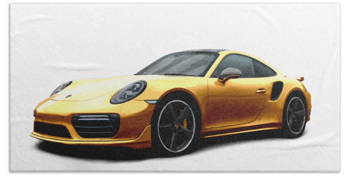 Hand Drawn Beach Towel featuring the digital art Porsche 911 991 Turbo S Digitally Drawn - Gold by Moospeed Art