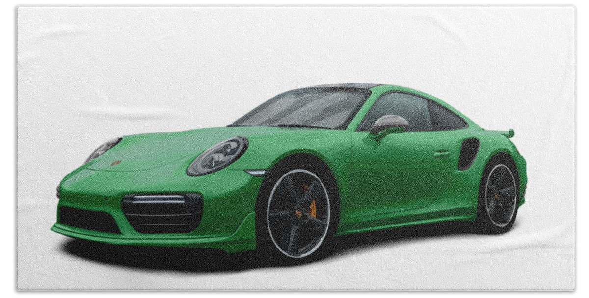 Hand Drawn Beach Towel featuring the digital art Porsche 911 991 Turbo S Digitally Drawn - Green by Moospeed Art
