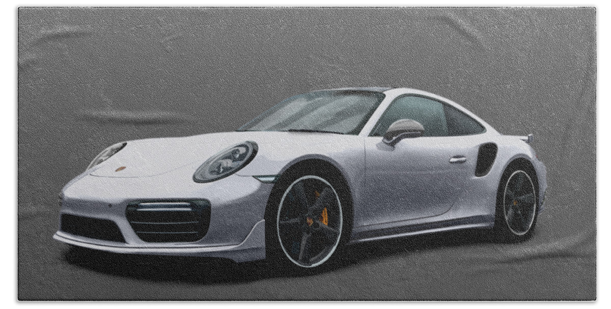 Hand Drawn Beach Towel featuring the digital art Porsche 911 991 Turbo S Digitally Drawn - Silver by Moospeed Art