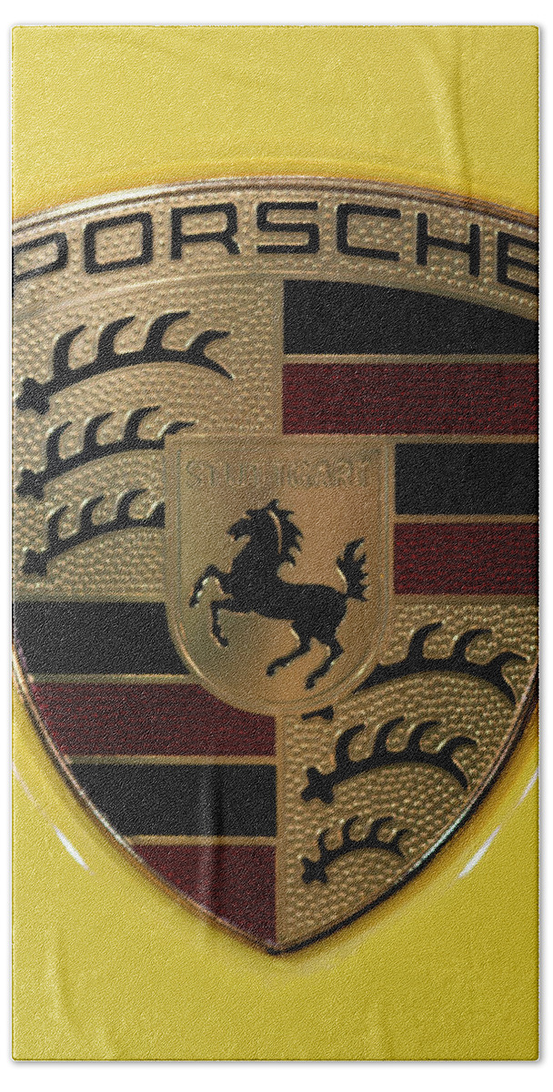 911 Beach Towel featuring the photograph Porsche Emblem on Racing Yellow by Sebastian Musial