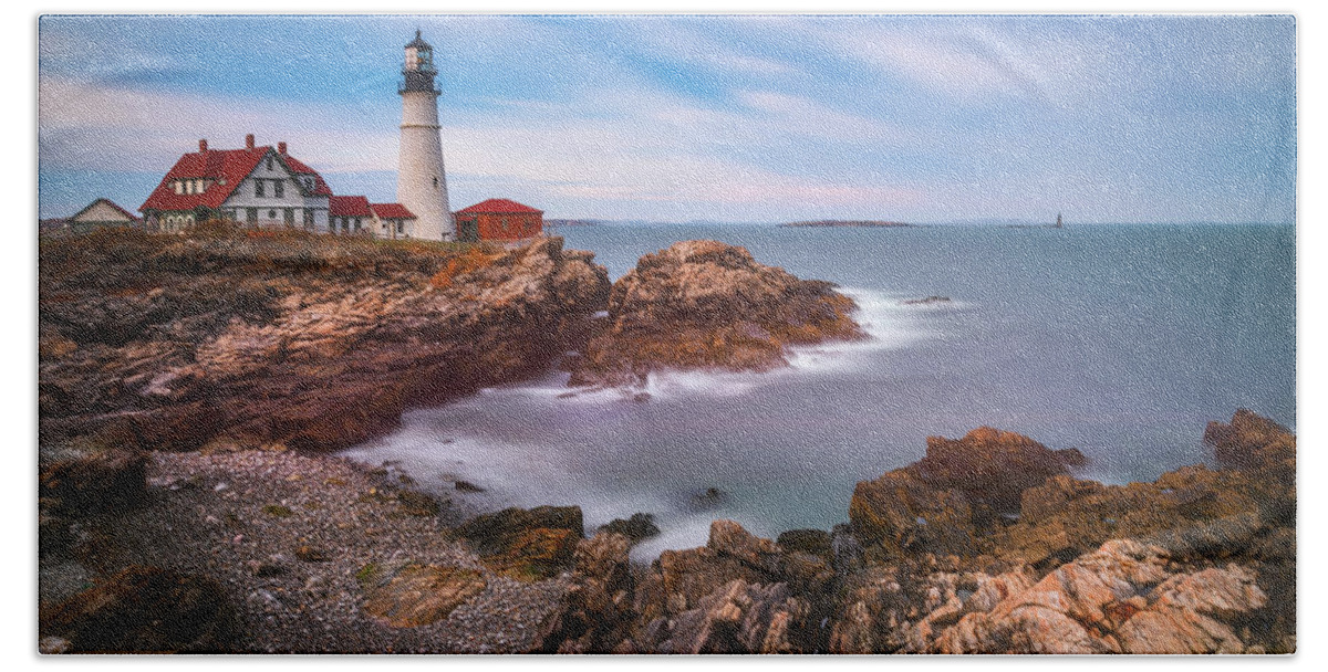 Portland Beach Towel featuring the photograph Portland Head Lighthouse Long Exposure by Darren White