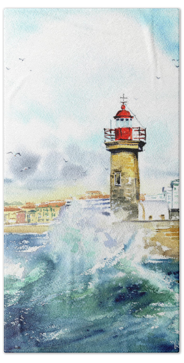 Porto Beach Towel featuring the painting Porto Felgueiras Lighthouse Painting by Dora Hathazi Mendes