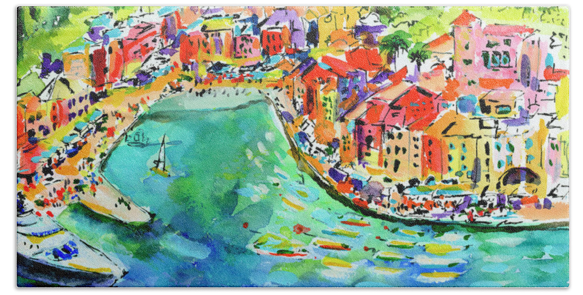 Italian Riviera Beach Towel featuring the painting Portofino Summer Fun with Boats and Street Cafes by Ginette Callaway