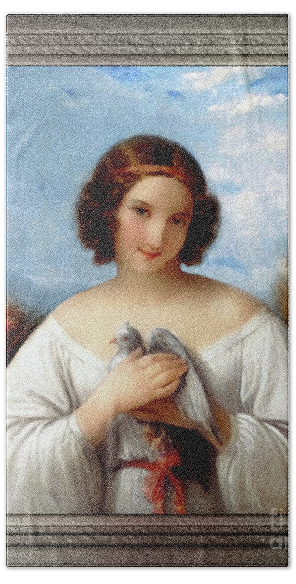 Portrait Of A Young Girl With A Dove Beach Towel featuring the painting Portrait of a Young Girl with a Dove by Natale Schiavoni Old Masters Reproduction by Rolando Burbon