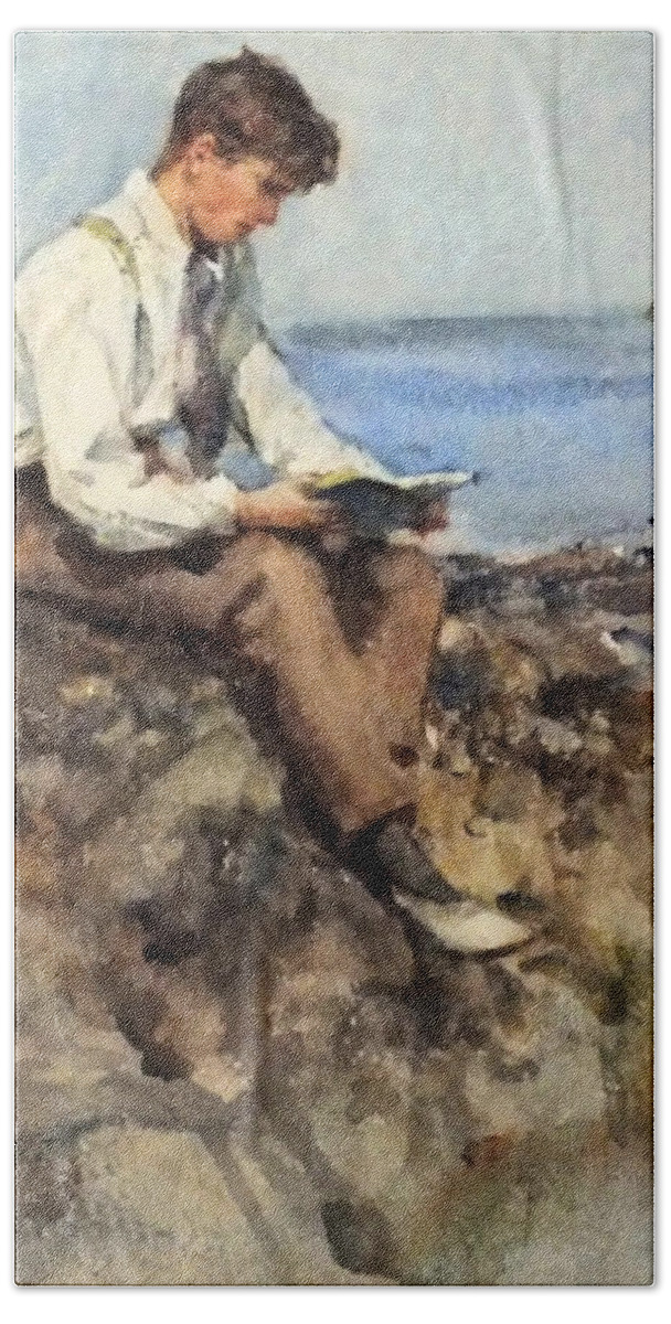 Henry Scott Tuke Beach Towel featuring the painting Portrait of a Young Man Reading on the Rocks by Henry Scott Tuke
