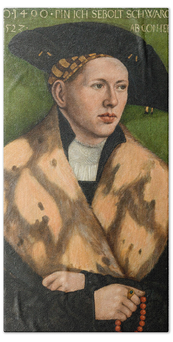 Hans Brosamer Beach Towel featuring the painting Portrait of Sebolt Schwarcz by Hans Brosamer