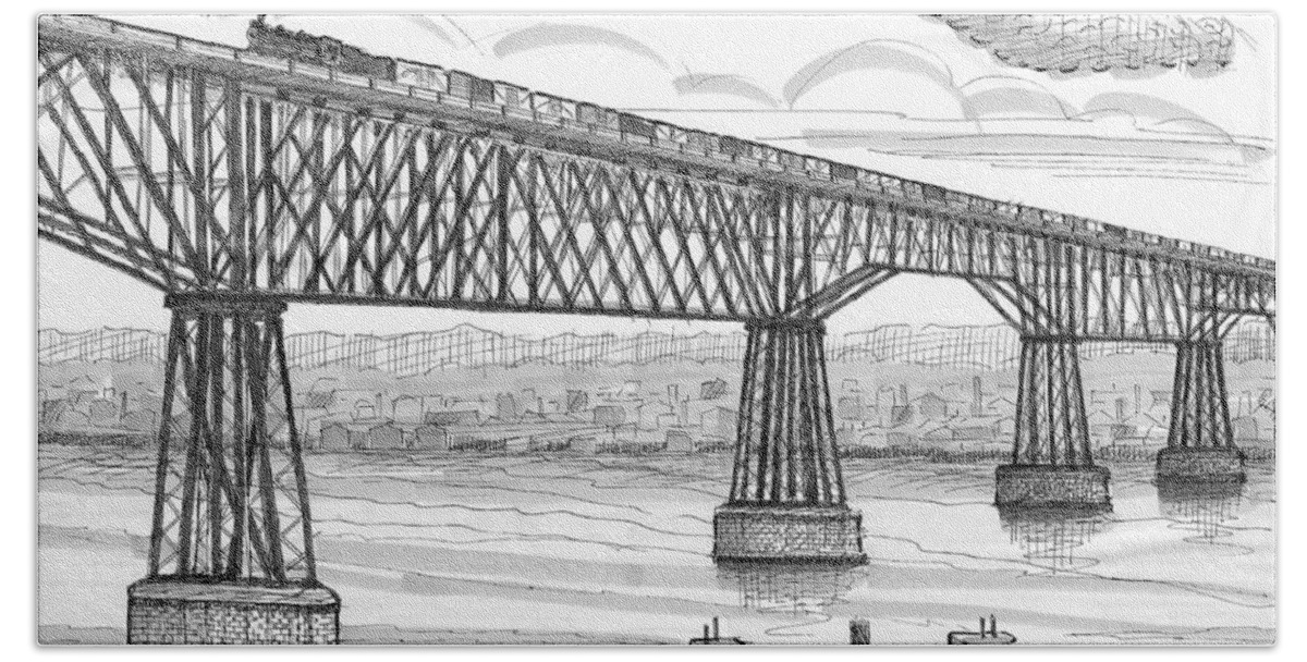 Poughkeepsie Railroad Bridge Beach Towel featuring the drawing Poughkeepsie Railroad Bridge and Steam Ferry circa 1890 by Richard Wambach
