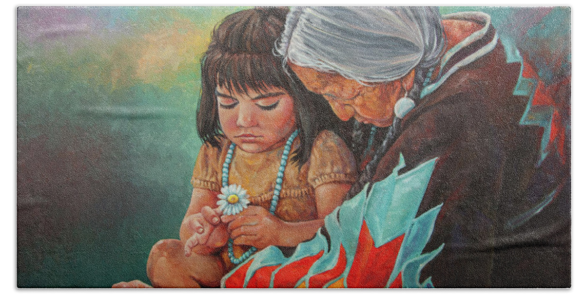 Navajo Nation Beach Sheet featuring the painting Prayers for the Next Generation by Robert Corsetti