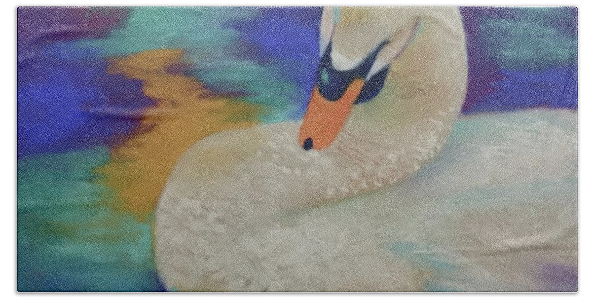 Swan Beach Towel featuring the pastel Preening Swan by Nataya Crow