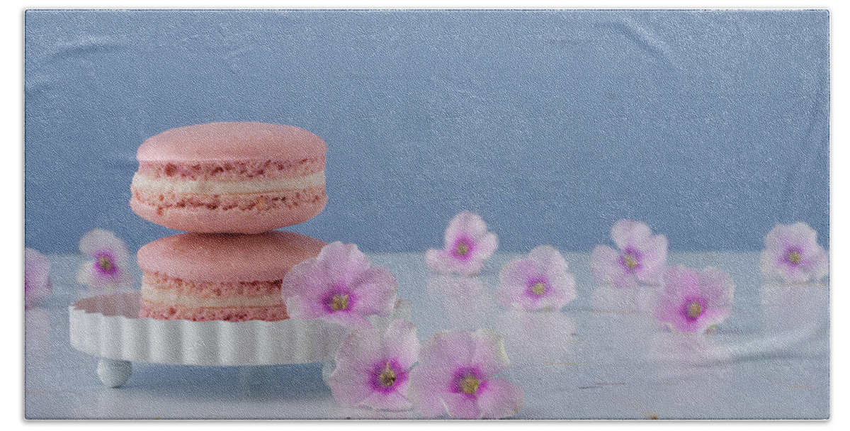 Macaron Beach Towel featuring the photograph Pretty Pink Macarons and Flowers by Tina Horne