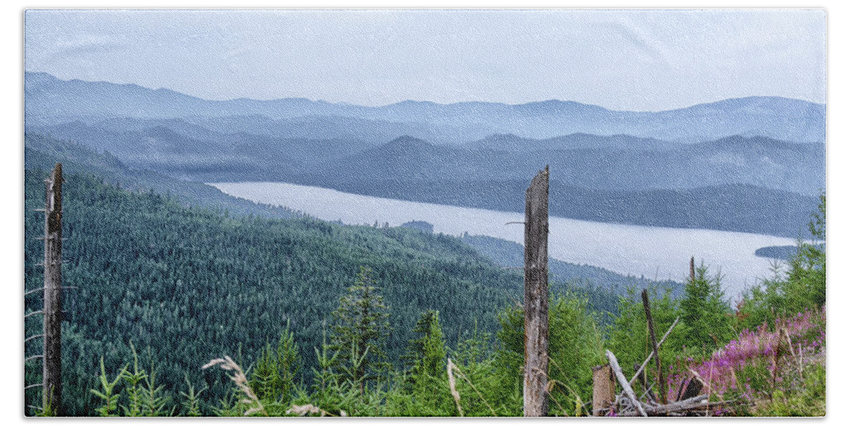 Landscape Beach Towel featuring the photograph Priest Lake view with fireweed by Debra Baldwin