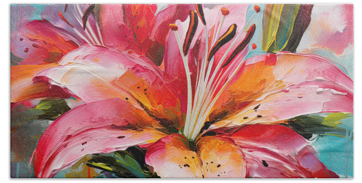 Asiatic Lily Beach Towel featuring the digital art Promise of Spring - Lilies Spring Art by Lourry Legarde