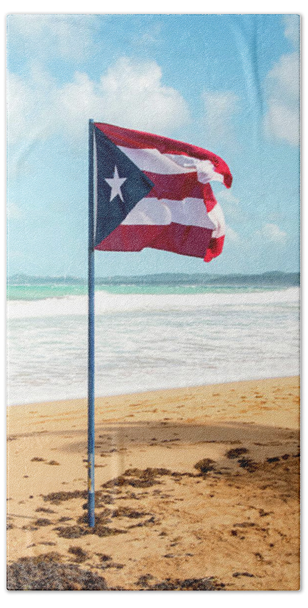 Puerto Beach Towel featuring the photograph Puerto Rican Flag on the Beach, Pinones, Puerto Rico by Beachtown Views
