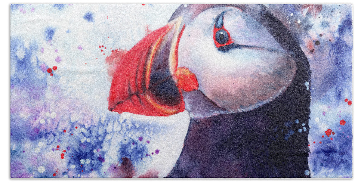 Puffin Beach Towel featuring the painting Puffin by Kirsty Rebecca