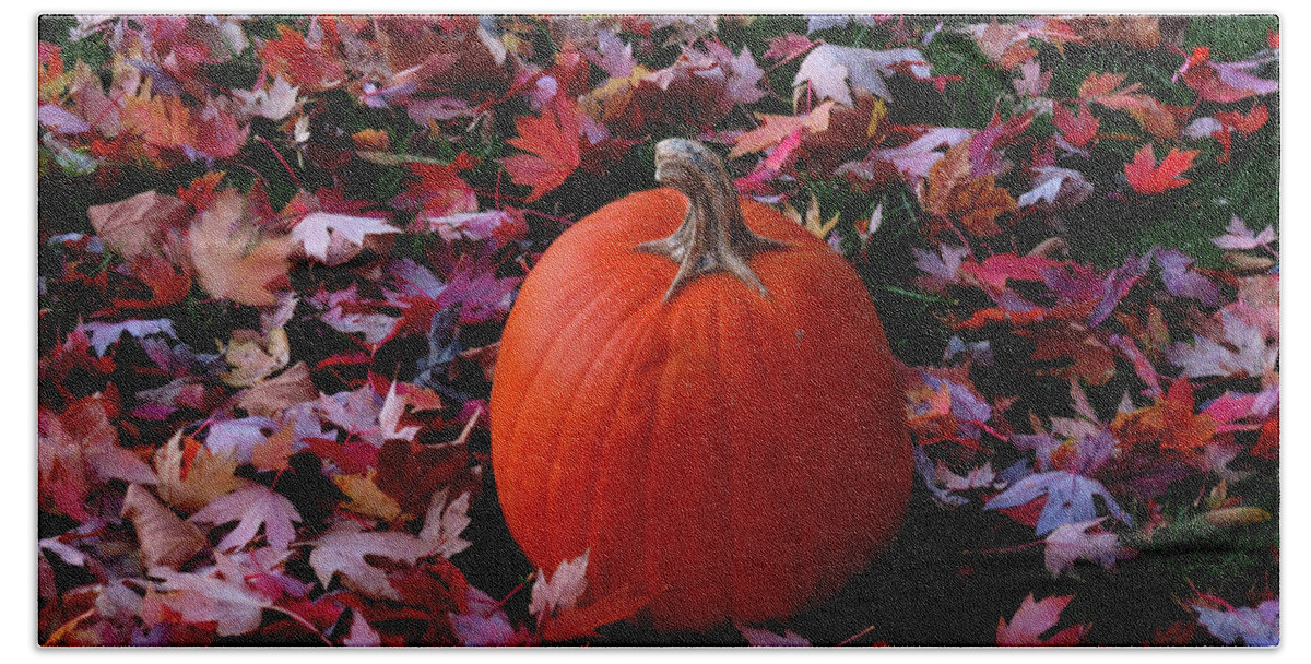 Pumpkins Beach Towel featuring the photograph Pumpkin and Autumn Leaves by Linda Stern