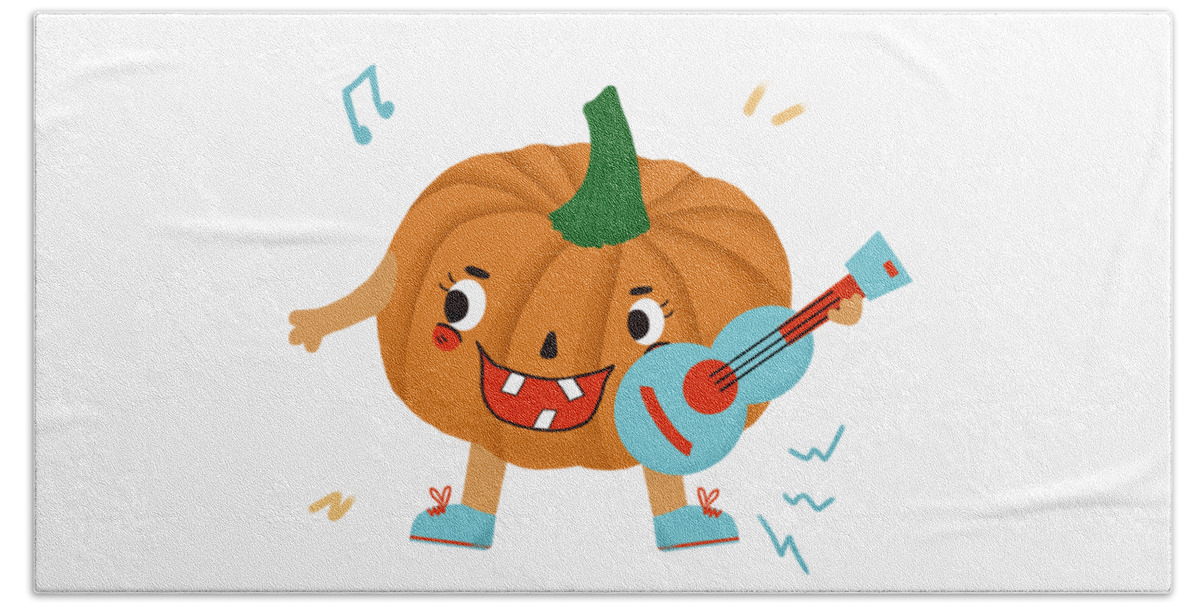 Music Beach Towel featuring the drawing Pumpkins love to play the ukulele by Min Fen Zhu