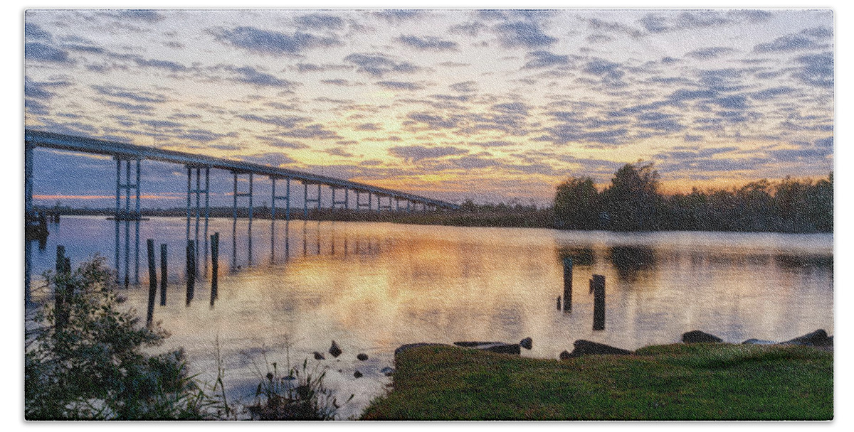 Pungo Beach Towel featuring the photograph Pungo Ferry Bridge Sunset II by Donna Twiford