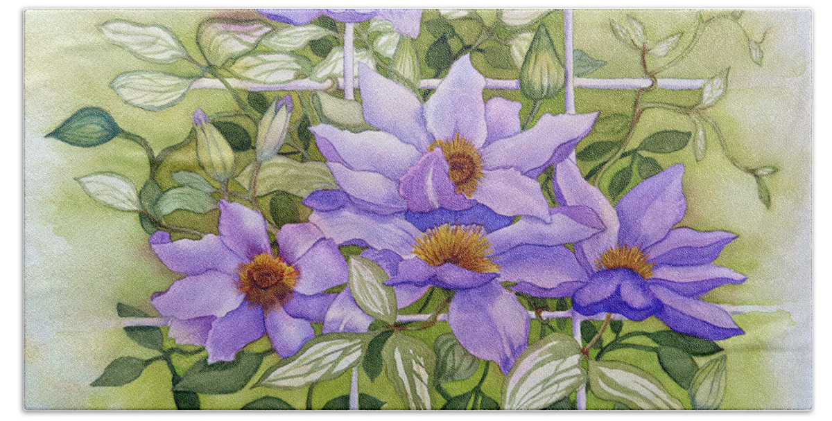 Flowers On Trellis Beach Towel featuring the painting Purple Clematis Jackmanii On White Trellis by Deborah League