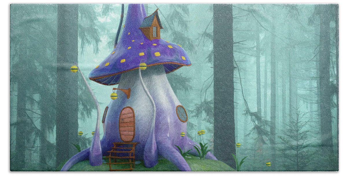3d Beach Sheet featuring the digital art Purple Mushroom House by Jutta Maria Pusl
