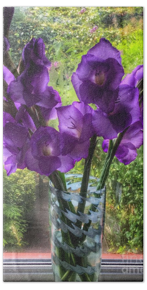 Gladiolus Flowers Beach Sheet featuring the photograph Purple Petals 2 by Joan-Violet Stretch