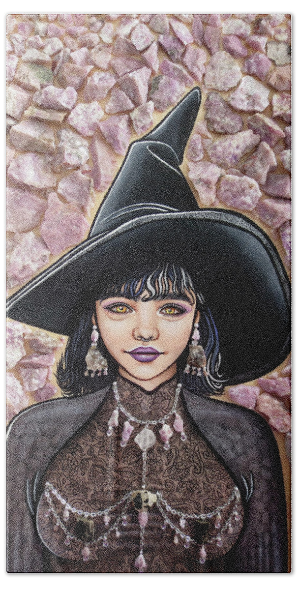 Art Beach Towel featuring the painting Purple Pinite Crystal Witch by Malinda Prud'homme