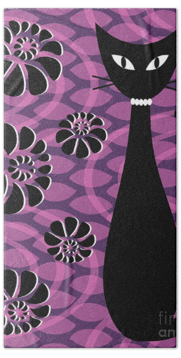 Abstract Cat Beach Towel featuring the digital art Purple Pink Mod Cat 2 by Donna Mibus