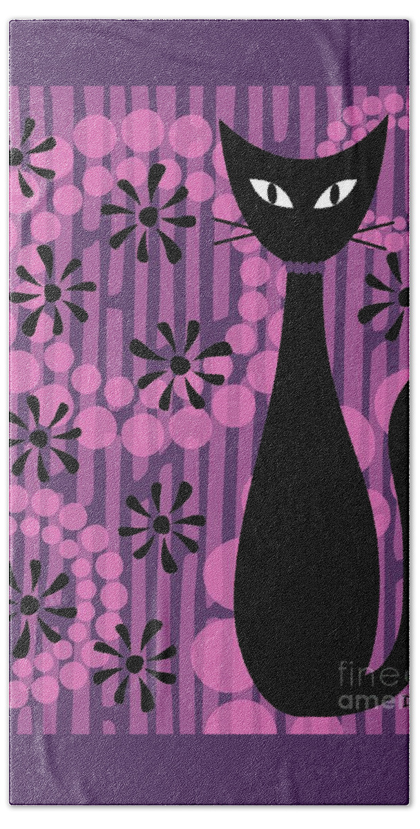 Abstract Cat Beach Towel featuring the digital art Purple Pink Mod Cat by Donna Mibus