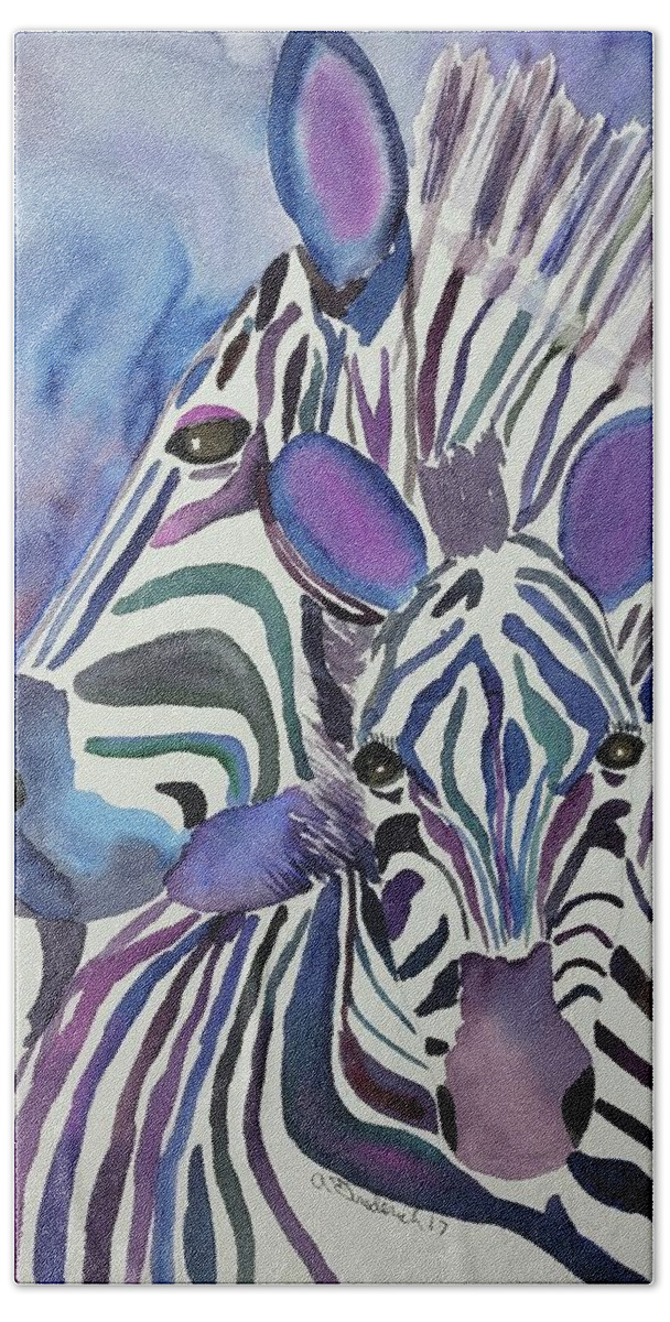 Zebras Beach Towel featuring the painting Purple Zebras by Ann Frederick