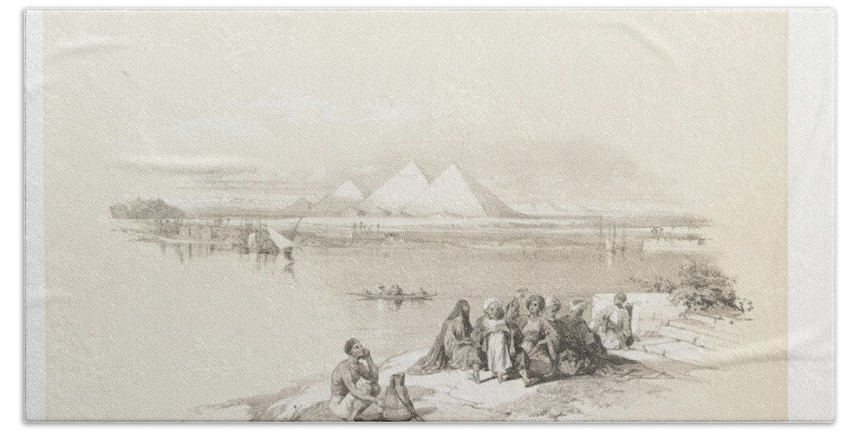 Pyramids Of Geezah Beach Towel featuring the painting Pyramids of Geezah, from the Nile ca 1842 - 1849 by William Brockedon by Artistic Rifki