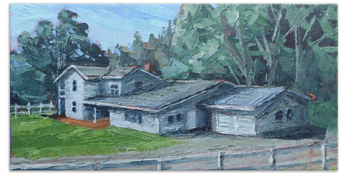 Ben Lomond Beach Towel featuring the painting Quail Hollow Ranch House by PJ Kirk