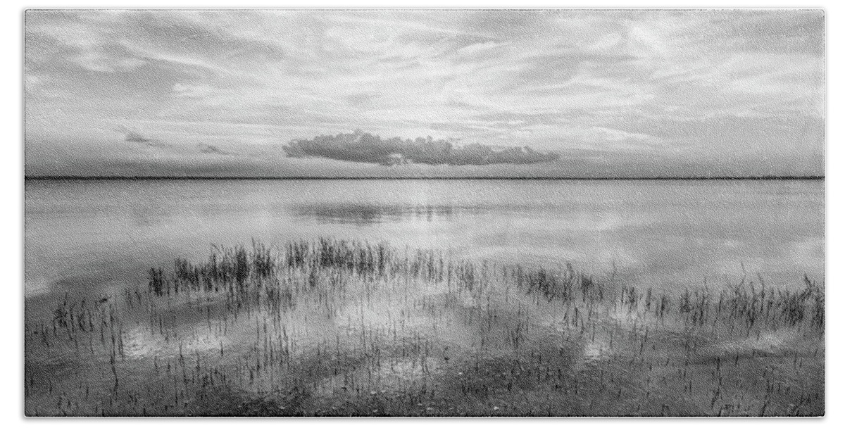 Black Beach Towel featuring the photograph Quiet Evening on the Marsh Black and White by Debra and Dave Vanderlaan