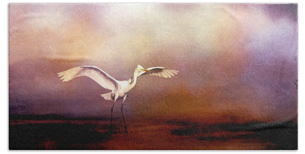 Marsh Beach Towel featuring the digital art Quiet Marsh with Egret by Judi Bagwell