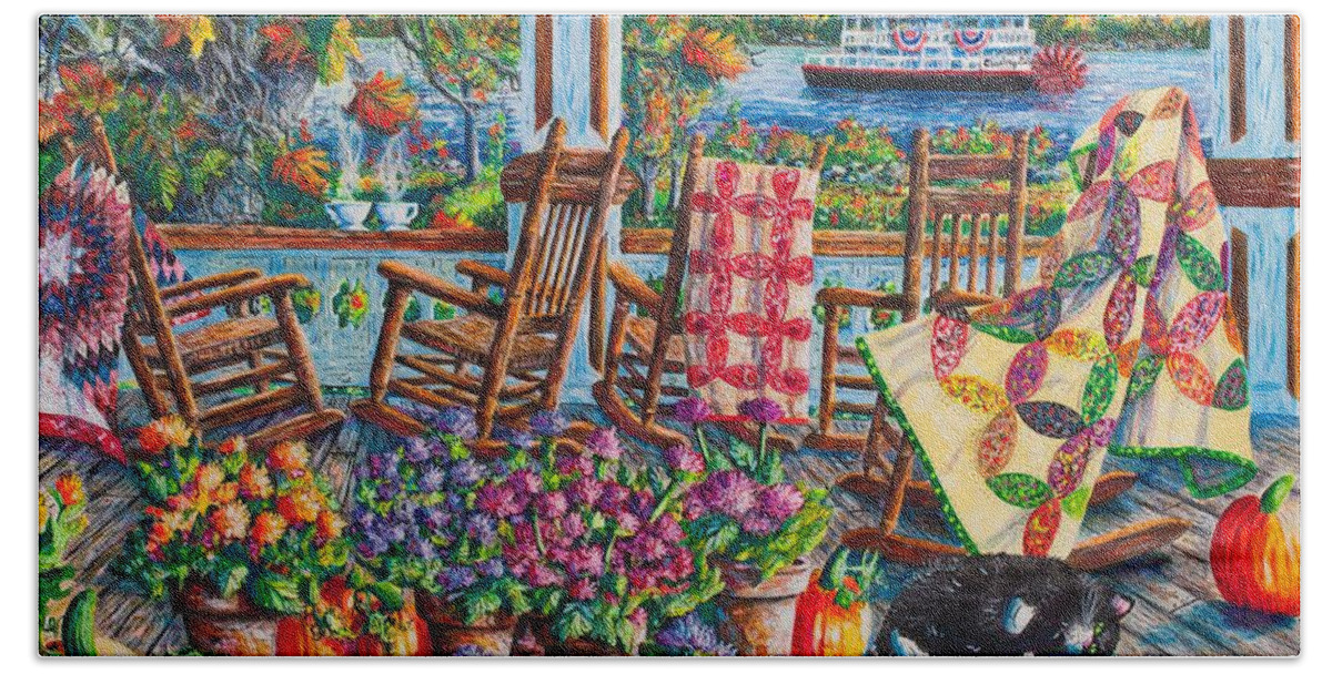 Autumn Beach Towel featuring the painting Quilting Around Chautauqua by Diane Phalen