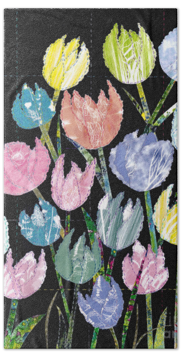 Tulips Beach Towel featuring the mixed media Quilting My Past Recycling My Dreams Tulip Quilt 2 by Conni Schaftenaar