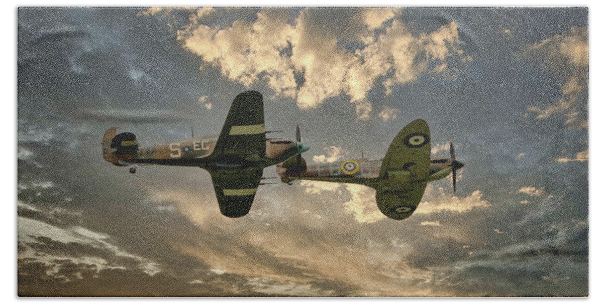 Air Beach Towel featuring the photograph RAF Spitfire and Hurricane, World War 2 Fighter Aircraft by Rick Deacon