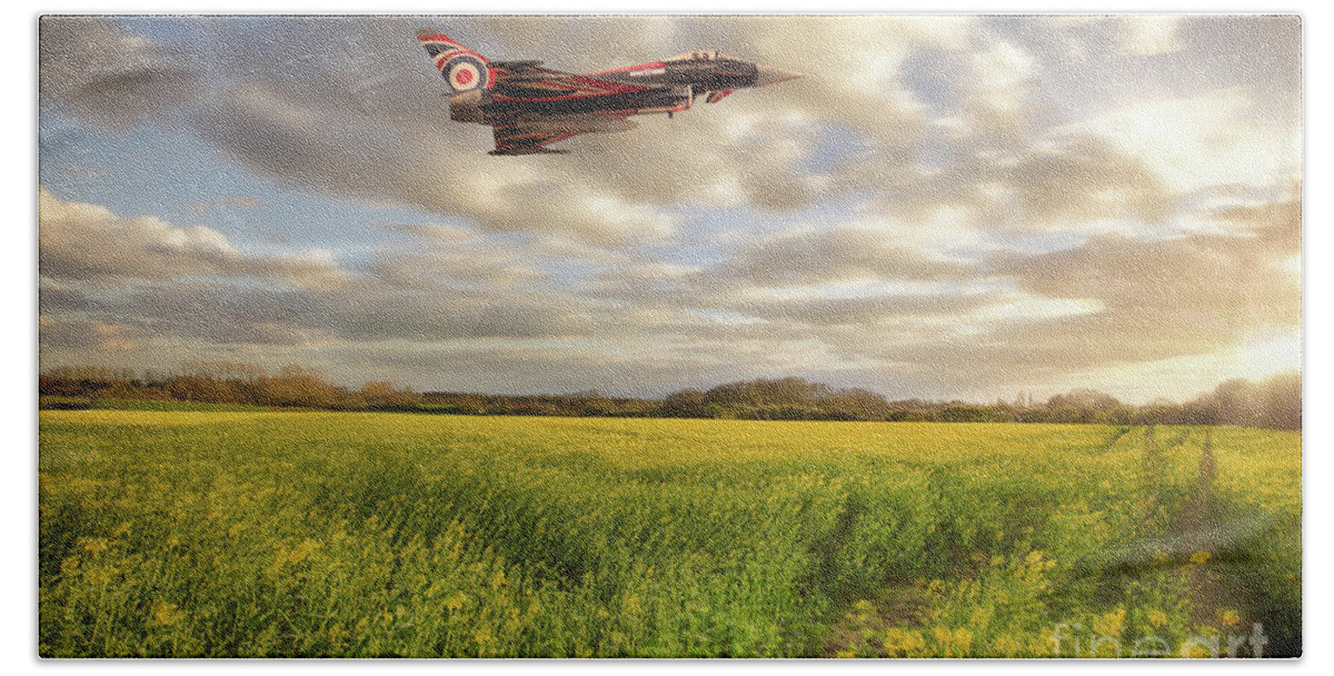 Raf Beach Towel featuring the photograph RAF Typhoon Eurofighter jet flying over rapeseed crops by Simon Bratt