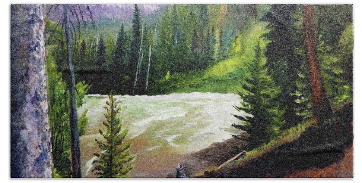 Colorful Beach Towel featuring the painting Raging River by Sherril Porter