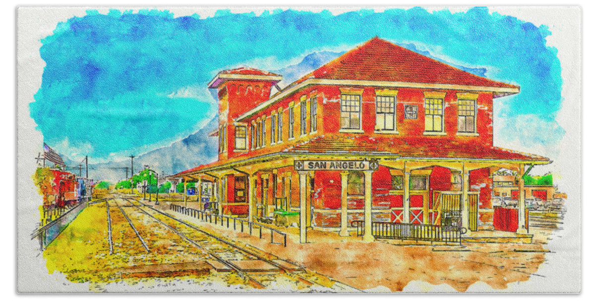 Railway Museum Beach Towel featuring the digital art Railway Museum of San Angelo, Texas - pen sketch and watercolor by Nicko Prints