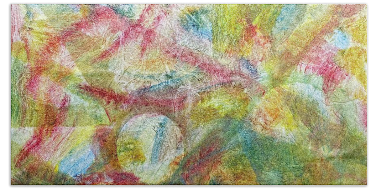 Rainbow Beach Towel featuring the painting Rainbow has Fallen by Rowena Rizo-Patron