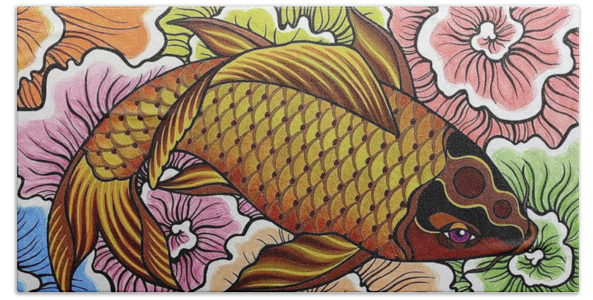  Beach Towel featuring the painting Rainbow Koi Fish by Bryon Stewart