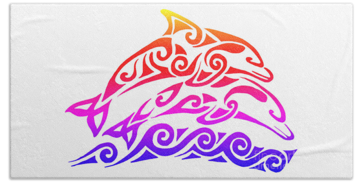 Dolphin Beach Towel featuring the mixed media Rainbow Tribal Dolphins by Rebecca Wang