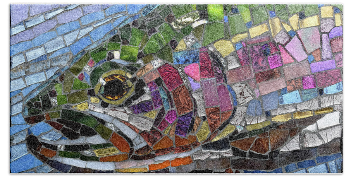 Cynthie Fisher Beach Sheet featuring the sculpture Rainbow Trout Glass Mosaic by Cynthie Fisher